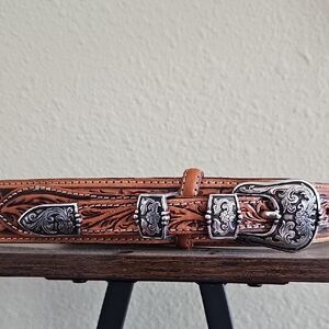 Tony Lama Tan Tooled Leather Western Belt with Silver Buckle